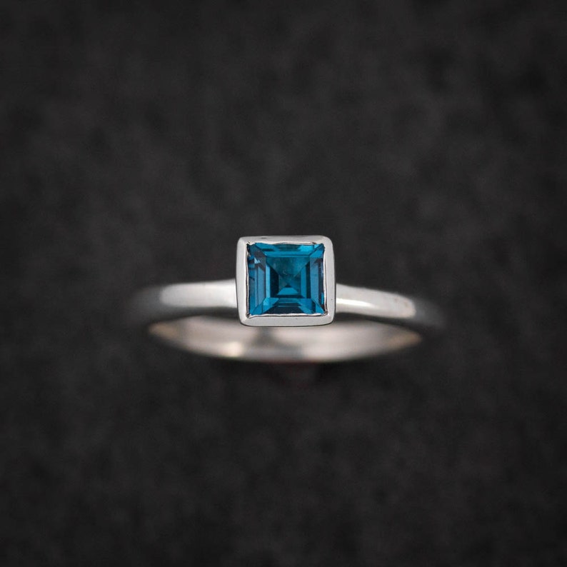 London Blue Topaz Ring For Her, December Birthstone, Princess Gemstone Stacking Rings, Handmade Solitaire Gem Ring, Blue Topaz Silver Ring image 1