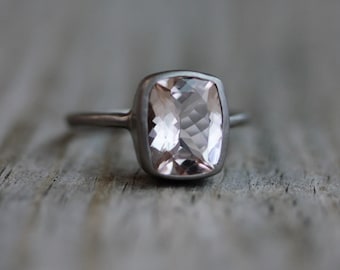 Morganite Ring, Palladium White Gold Ring, Cushion Morganite Thin Band Engagement Ring for Her, Non-Diamond Alternative to Diamond