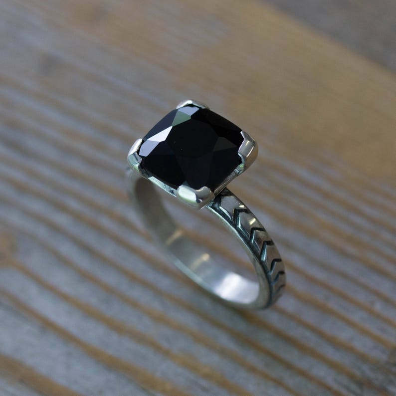 Art Deco Black Spinel Ring, Gothic Engagement Ring, Cushion Gemstone Ring in Oxidized Black Silver, Black Diamond Alternative image 2