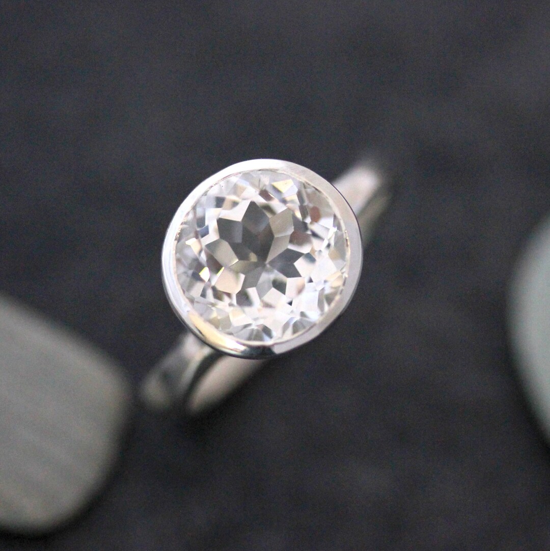 Round Cut White Topaz Bezel Ring