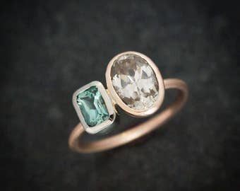 Asymmetrical Blue Tourmaline Ring with Natural Champagne Zircon Mixed Metal Rose and White Gold Ring