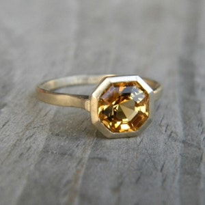 Handmade Citrine Gemstone Bezel Ring in Asscher Cut 14k yellow Gold