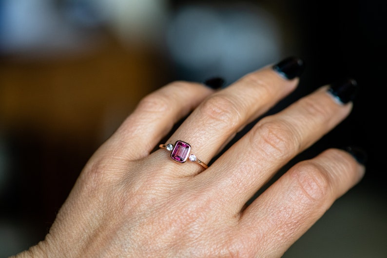 Pink Tourmaline and White Sapphire Ring 14k Rose Gold Tourmaline Ring Emerald Cut Tourmaline Engagement Ring image 2