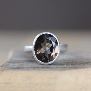 Ecologically friendly Smoky Quartz Ring, A Solitaire Gemstone Ring Made in Recycled Silver Jewelry, Low Carbon Footprint Jewelry