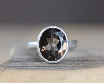 Ecologically friendly Smoky Quartz Ring, A Solitaire Gemstone Ring Made in Recycled Silver Jewelry, Low Carbon Footprint Jewelry