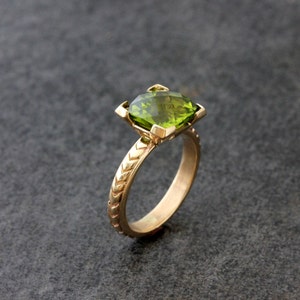 Peridot Yellow Gold Gemstone Ring, Cushion Gemstone Ring in 14k Yellow Gold, Chevron Band, Art Deco Inspired, Eco Friendly and Conflict Free