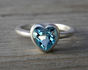 Heart Shaped Sky Blue Topaz Ring in Sterling Silver, Handmade Heart Shaped Ring