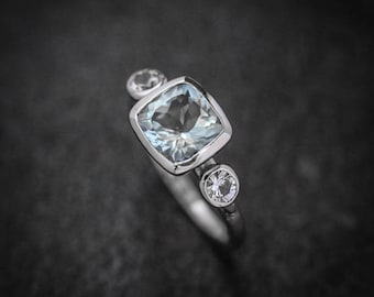 Cushion Cut Aquamarine White Sapphire and White Gold Ring, 14k Palladium White Gold Three Stone Ring March Birthstone Alternative Engagement