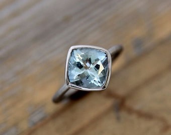 Cushion Aquamarine Ring in 14k PD White Gold, March Birthstone Ring, Handmade Engagement Rings from New England