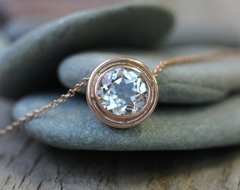 Rose Gold White Topaz Necklace | White Topaz Necklace in 14k Rose Gold | Rose Gold Gemstone Necklace | Handmade Jewelry from New England