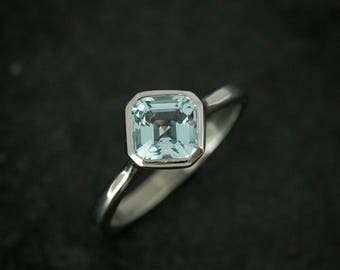 Asscher Aquamarine and White Gold and  Palladium, Asher cut Solitaire Ring, Custom Handcrafted 14k White Gold Engagement Ring, For Fiance