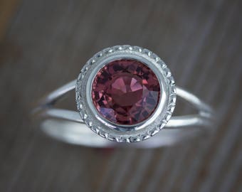 Size 7 Pink Tourmaline Ring, October Birthstone Jewelry for women, Halo Miligrain Vintage Inspired Tourmaline Silver Ring, Split Shank Ring