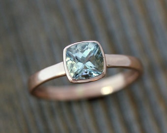 Cushion Cut Aquamarine Ring, Rose Gold Bezel, Handmade Solitaire