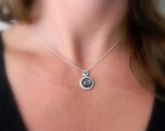 Custom Gray Moonstone Necklace and WHITE  Topaz Necklace in Recycled Sterling Silver Pendant, Unique Moonstone Jewelry in Art Deco Style
