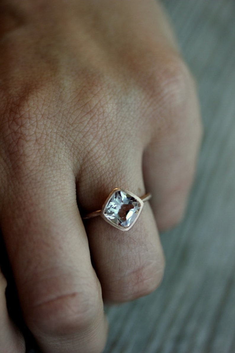 White Topaz Cushion Cut Ring, Diagonal Gemstone Ring in Eco Friendly Brushed Recycled Rose Gold Solitaire Ring image 2