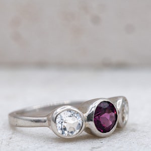 White Topaz and Red Garnet Ring, Sterling Silver Three Stone Ring - Ready to Ship Size 5