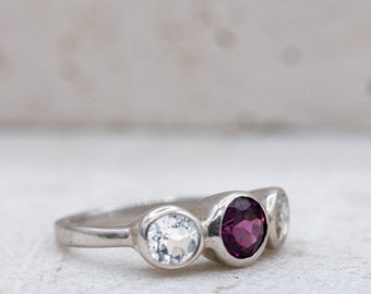 White Topaz and Red Garnet Ring, Sterling Silver Three Stone Ring - Ready to Ship Size 5