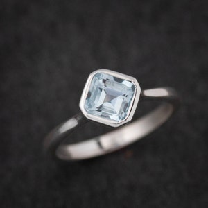 Asscher Cut Blue Aquamarine Ring, Eco Sterling Solitaire Engagement Ring, Octagonal Gemstone Ring, March Birthstone Ring,Low Profile Ring