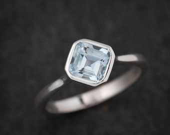 Asscher Cut Blue Aquamarine Ring, Eco Sterling Solitaire Engagement Ring, Octagonal Gemstone Ring, March Birthstone Ring,Low Profile Ring