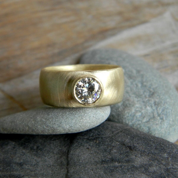 Handmade Chunky Band Gold Engagement Ring, Round Moissanite Wide Band Ring, Diamond Alternative, Comfort Fit Low Profile Ring
