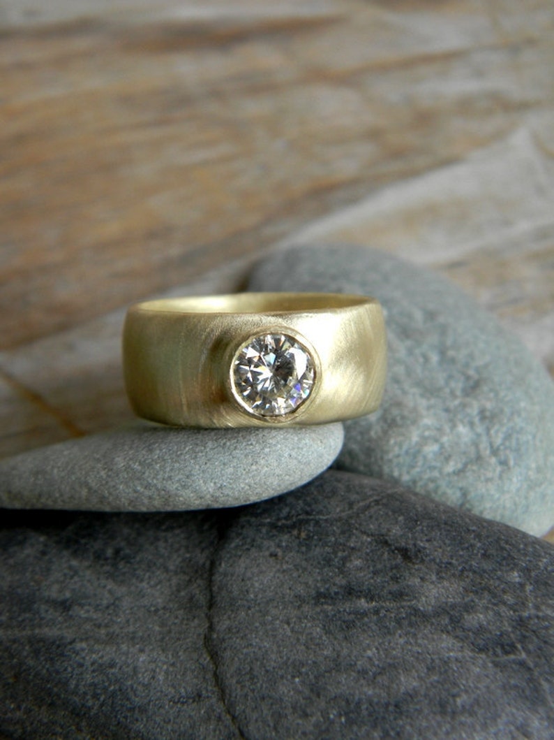 Handmade Chunky Band Gold Engagement Ring, Round Moissanite Wide Band Ring, Diamond Alternative, Comfort Fit Low Profile Ring image 1