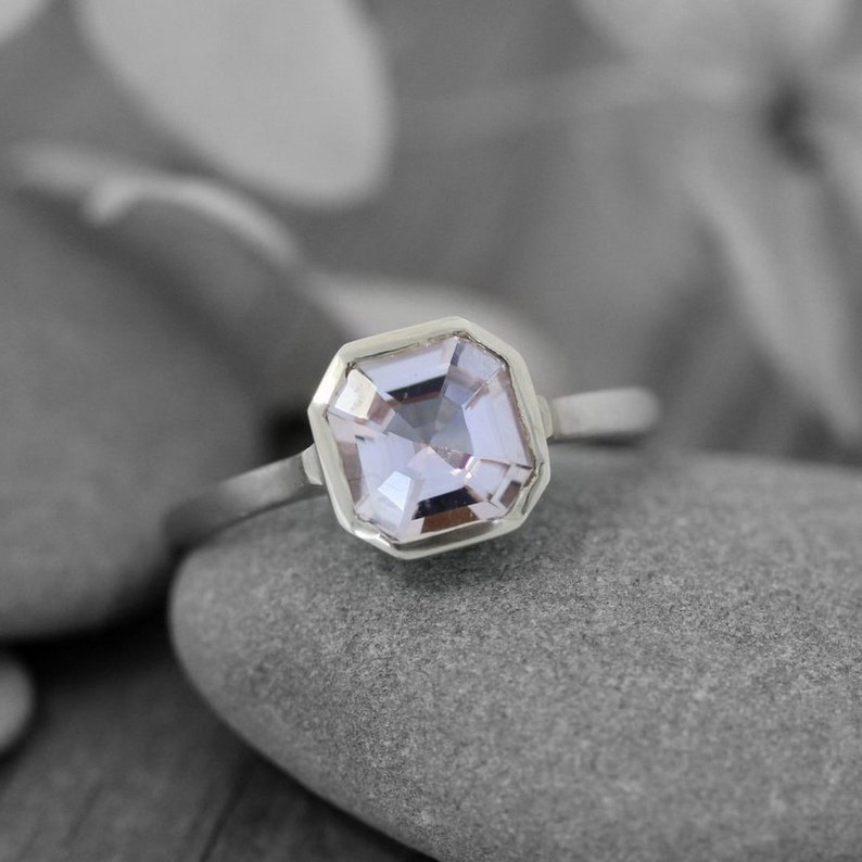 14k Palladium White gold, Morganite Gemstone Ring, Asscher Cut Morganite, Non Diamond Octagonal Morganite Engagement Ring image 2