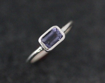 Water Sapphire Ring, Iolite Rectangular Octagon Stacking Rings,  Periwinkle Blue Gemstone Solitaire Ring with Low Profile