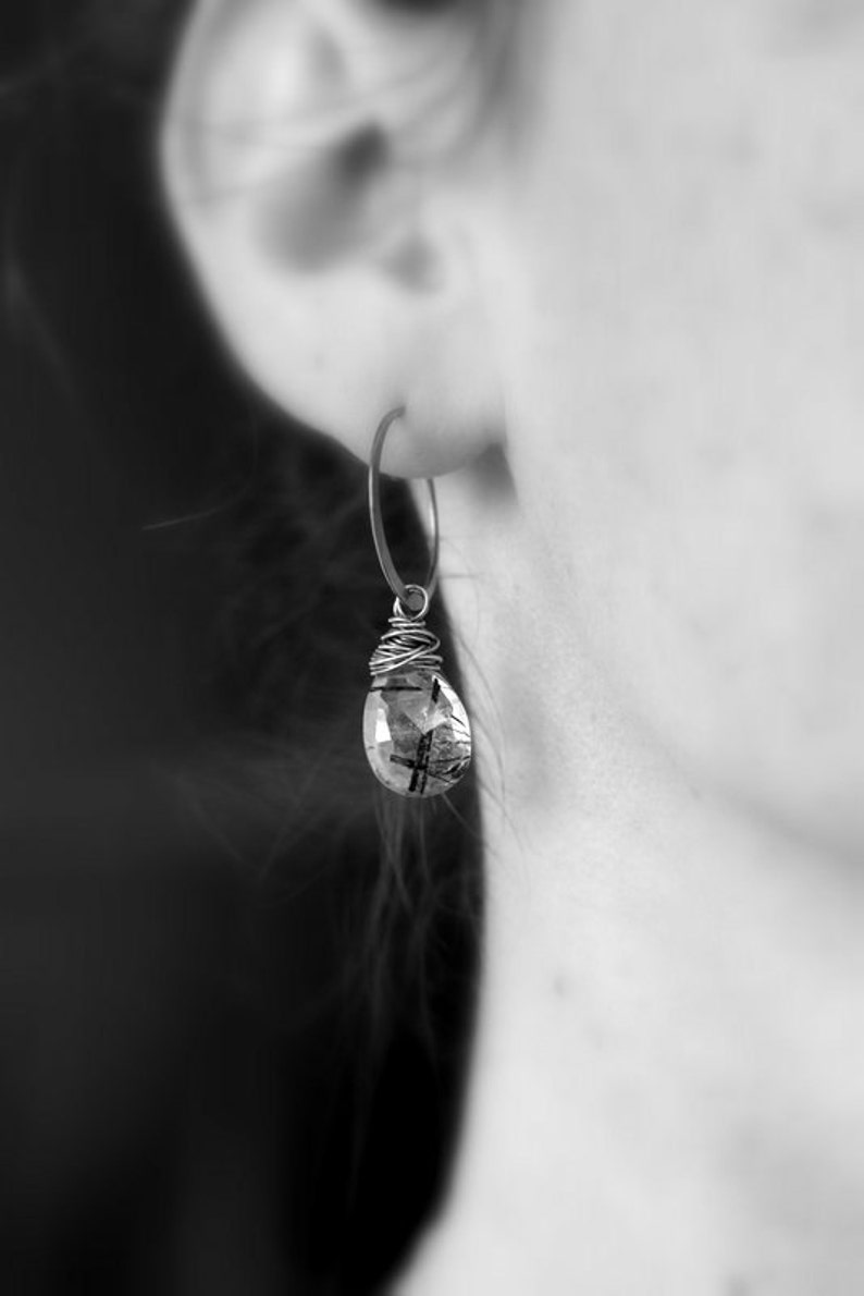 Tourmalinated Quartz Earrings, Gemstone Dangle Earrings, Sterling Silver Hoop Earrings image 3