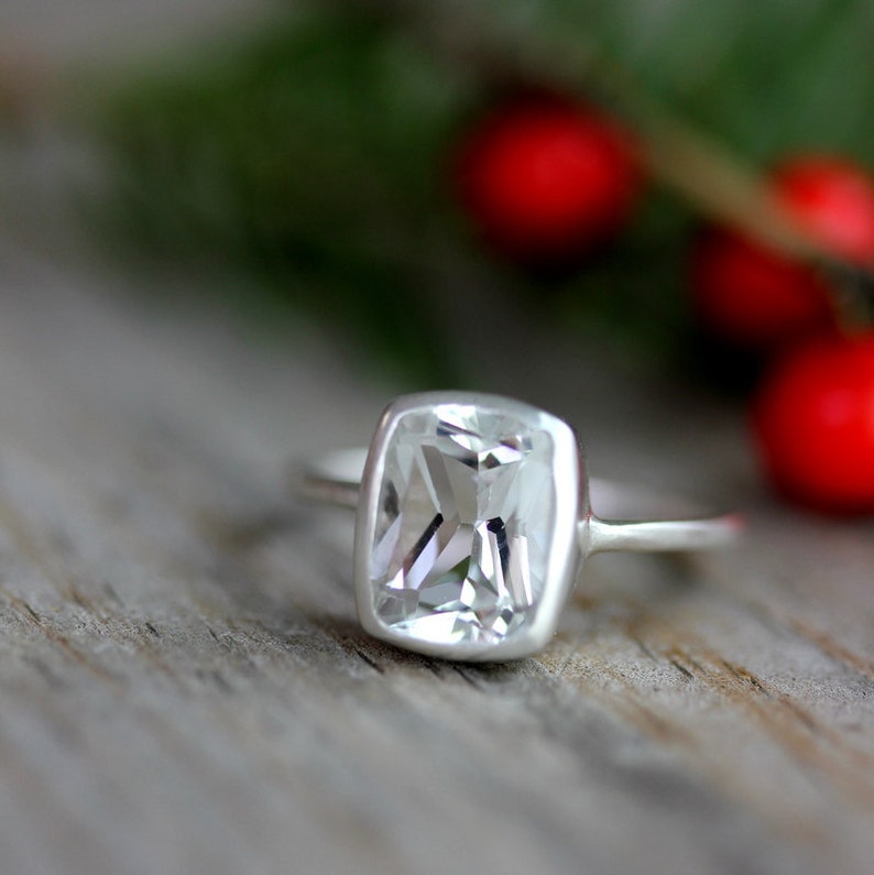 Handmade Cushion White Topaz Ring, Diamond Alternative Ring for Her, Eco Silver Engagement Ring, Matte Sterling Bezel, Clear Gemstone Ring image 3