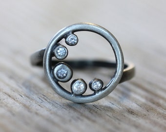 White Sapphire Cresent Moon Ring, Recycled Sterling and Lunar Eclipse Ring, Sapphire Ring Moon Jewelry