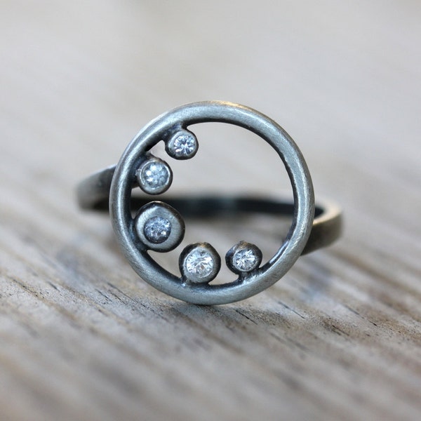 White Sapphire Cresent Moon Ring, Recycled Sterling and Lunar Eclipse Ring, Sapphire Ring Moon Jewelry