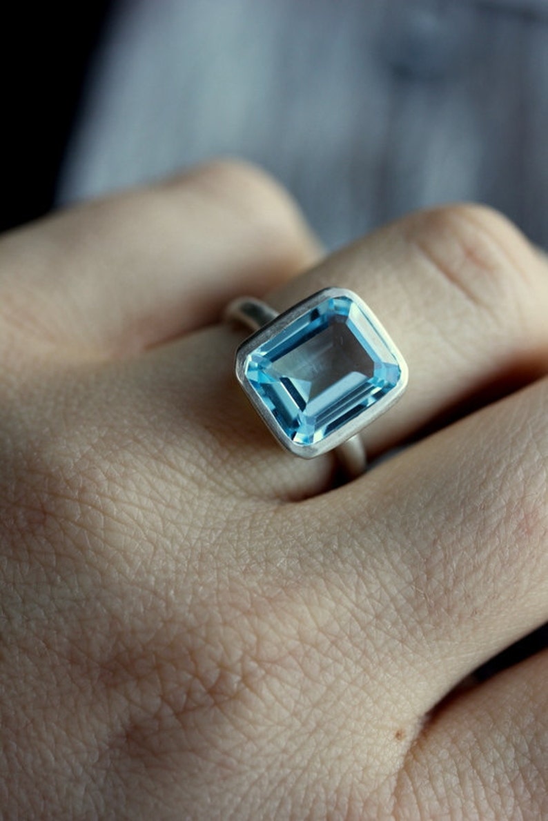 Sky Blue Topaz Emerald Cut Ring in Sterling Silver, Emerald Blue Topaz Silver Ring, Handmade Jewelry from New England image 2