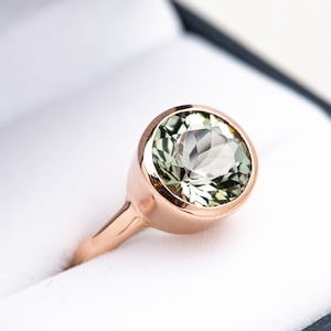 Handmade Round Green Amethyst Ring in Rose Gold, Prasiolite Engagement Ring, February Birthstone Jewelry, Handmade Jewelry from New England