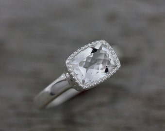 Vintage Inspired  White Topaz Cushion Cut Ring in Sterling Silver and Miligrain Bezel, Size 7