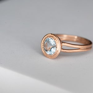 Round Aquamarine 14k Rose Gold Halo Ring Size 7.5