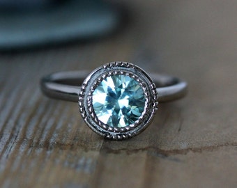 Light Blue Aqua Zircon Ring // Art Deco Inspired Gemstone Engagement Ring