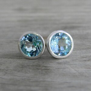 Blue Topaz Stud Earrings in Silver Bezel Posts, Gemstone Earrings, Blue Gem Earrings, Large Post earrings, Big Stud Earrings for Her image 2