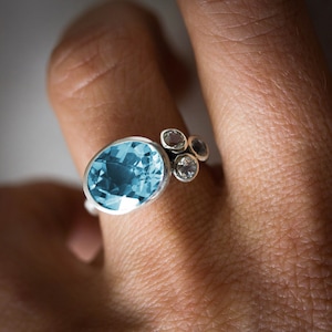 Sky Blue Topaz Ring, White Topaz Ring, Multistone Bezel Gemstone In Silver, Unique Silver Statement Ring