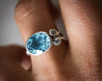 Sky Blue Topaz Ring, White Topaz Ring, Multistone Bezel Gemstone In Silver, Unique Silver Statement Ring