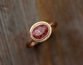 Size 8.5 14k Rose Gold and Oval  Oregon Sunstone Halo Ring, Vintage Inspired Milgrain Detail