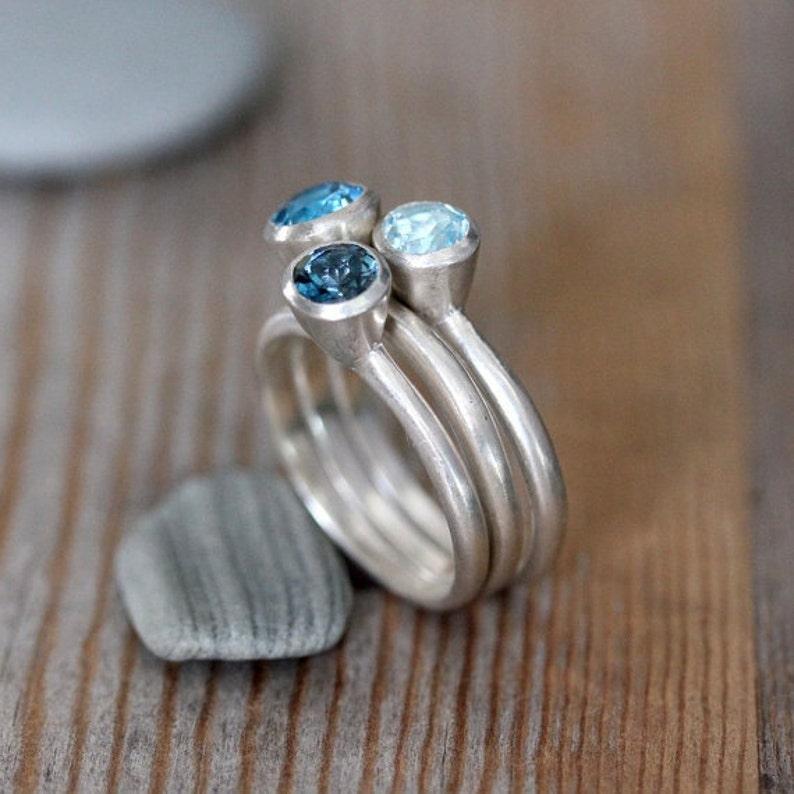 Blue Topaz Stacking Ring Set, Blue Gemstone Solitaire Rings in Recycled Sterling Silver, Tarnish Resistant Birthstone Ring, Stacking Set, image 2