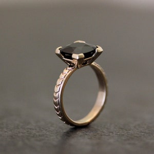 Handmade Black Spinel Engagement Ring – 14k Yellow Gold Cushion Cut Gem, Art Deco Inspired Eco-Friendly Wedding or Statement Ring