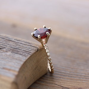 Crimson Red Garnet Ring and Recycled Gold Ring, Six Prong Solitaire Ring in 14k Yellow Gold, Art Deco image 3