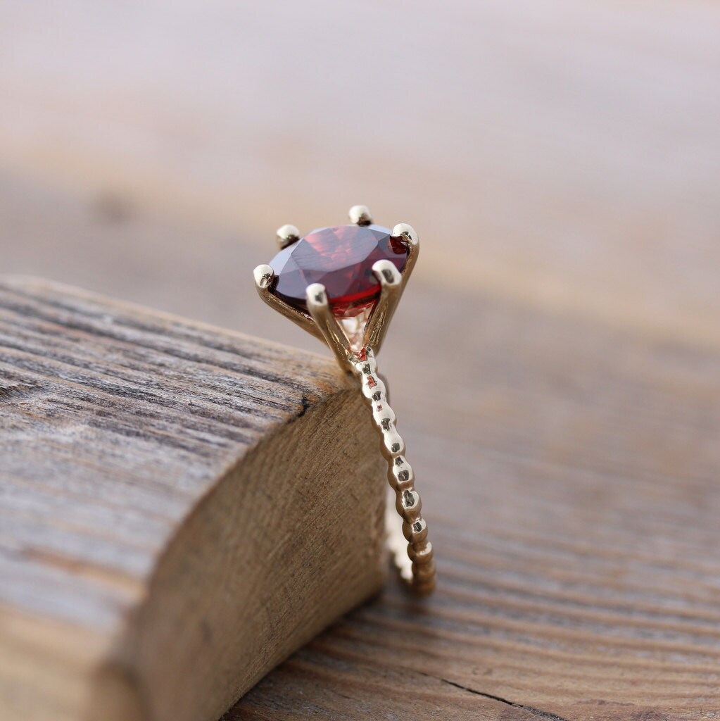Crimson Red Garnet Ring – Six Prong Solitaire in Recycled 14k Yellow ...