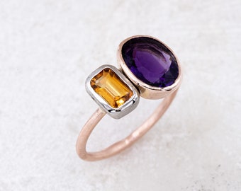 Asymmetrical Amethyst and Citrine Ring, Mixed Metal Rose and White Gold Ring, Two Stone Citrine and Amethyst Ring