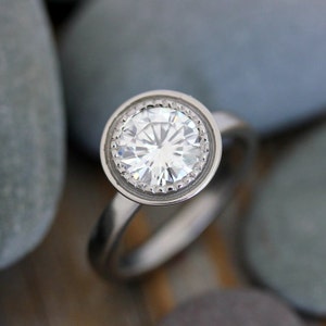 Forever One Moissanite Engagement Ring, Bezel Set White Gold Halo Ring, Art Deco Milgrain Solitaire, Charles and Colvard Alternative