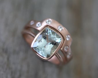 14k Rose Gold Wedding Band, Wrap Band, White Sapphire Wedding Band in Recycled 14k Rose Gold