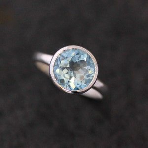 Sky Blue Topaz Birthstone Ring, Handmade Blue Topaz Ring in Recycled Argentium, Handcrafted Ring with Round Blue Stone