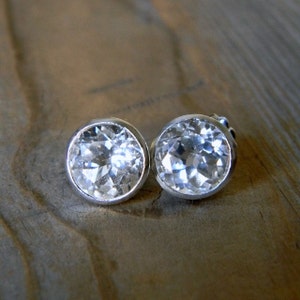 9mm White Topaz Stud Earrings, Sterling Silver Post Earrings, Huge Gem Stud Earrings