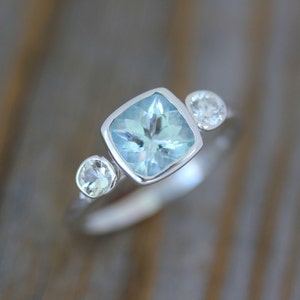 Aquamarine Anniversary Ring, Aquamarine and White Sapphire Cushion Cut Gemstone Birthstone Ring in Sterling Silver, Engagement Ring image 1